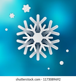 Beautiful Winter Snowflake Realistic 3D Vector Illustration on Blue Blurred Background for Xmas Card Design and Decoration. Snow Flake Crystal or Frozen Star Symbol