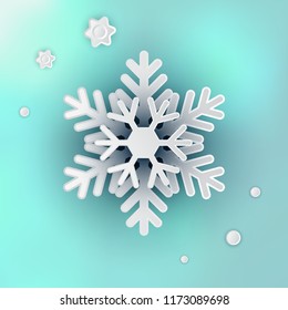 Beautiful Winter Snowflake Realistic 3D Vector Illustration on Blue Blurred Background for Xmas Card Design and Decoration. Snow Flake Crystal or Frozen Star Symbol