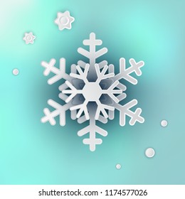 Beautiful Winter Snowflake Realistic 3D Vector Illustration on Blue Blurred Background for Xmas Card Design and Decoration. Snow Flake Crystal or Frozen Star Symbol