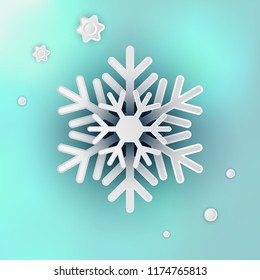 Beautiful Winter Snowflake Realistic 3D Vector Illustration on Blue Blurred Background for Xmas Card Design and Decoration. Snow Flake Crystal or Frozen Star Symbol