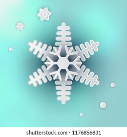 Beautiful Winter Snowflake Realistic 3D Vector Illustration on Blue Blurred Background for Xmas Card Design and Decoration. Snow Flake Crystal or Frozen Star Symbol