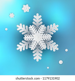 Beautiful Winter Snowflake Realistic 3D Vector Illustration on Blue Blurred Background for Xmas Card Design and Decoration. Snow Flake Crystal or Frozen Star Symbol