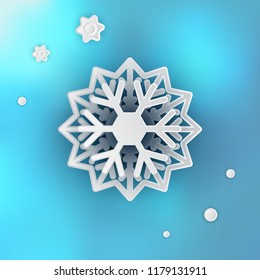 Beautiful Winter Snowflake Realistic 3D Vector Illustration on Blue Blurred Background for Xmas Card Design and Decoration. Snow Flake Crystal or Frozen Star Symbol