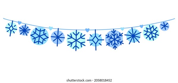 Beautiful Winter Snowflakes Hanging On A String. Garland For New Year And Xmas Holiday. Winter Snow Banner In Flat Style, Isolated On A White Background. Vector Garland With Cute Blue Snowflakes. 