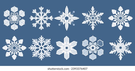 Beautiful winter snowflakes. Snowflake variations icon collection. Snowflakes white ice crystal on blue background. Winter symbol. Christmas logo sign. Vector illustration.