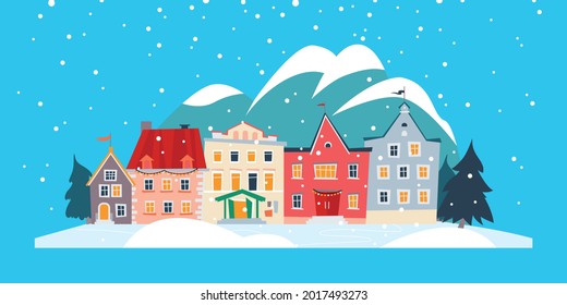 Beautiful winter snowy city with cozy houses in mountains landscape isolated design. Vector flat cartoon illustration. For banners, invitations, packaging, placards, cards, flayers.