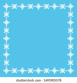 Beautiful winter square frame made of snowflakes on blue. Christmas vector background. EPS10
