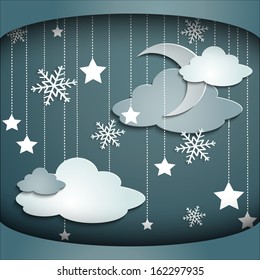 A beautiful winter starry night sky moon, stars, clouds, night, winter and snowflakes paper stickers