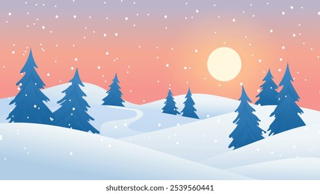 Beautiful winter sunset landscape. Stunning sunset over beautiful snowdrifts and snow-covered trees in snowy weather. Cute landscape vector illustration for Christmas.