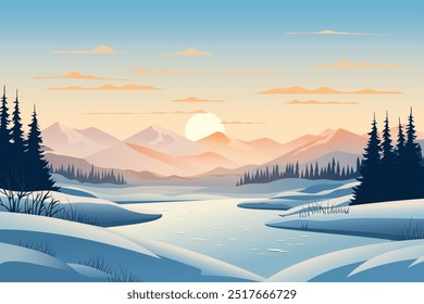 Beautiful winter sunset landscape. The winter sun sets behind the mountains, a beautiful lake with ice floes, a snow-covered forest and trees, high snowdrifts and amazing clouds.