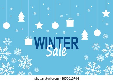 Beautiful winter template with decorations and text isolated on blue snowflake background. Winter sale background concept. Flat design vector illustration