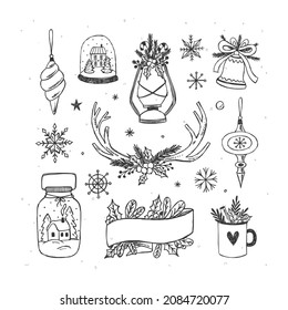 Beautiful winter time illustrations. Christmas decorations hand drawn set. Winter holidays vintage style collection