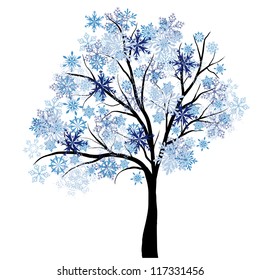 Beautiful Winter Tree With Snowflakes Leaves. Vector Illustration.