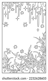 Beautiful winter vector illustration. Black and white pattern of pine or spruce branches, snowflakes and icicles with sparkles. Ideal for any your bold design or advertising project.