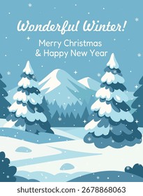 Beautiful winter. Vector illustration of winter landscape with mountains and forest in the background. Winter background for advertising, Christmas cards, promotions, banners, New Year greetings