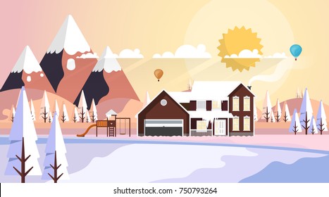 Beautiful Winter Vector Landscape, Countryside in Winter with Wooden House. Illustration