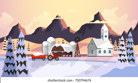 Beautiful Winter Vector Landscape, Countryside in Winter with Wooden Barn. Illustration