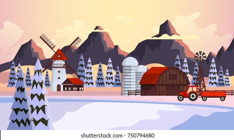 Beautiful Winter Vector Landscape, Countryside in Winter with Wooden Barn. Illustration
