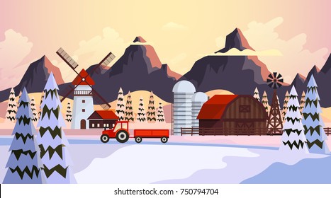 Beautiful Winter Vector Landscape, Countryside in Winter with Wooden Barn. Illustration