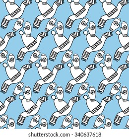 Beautiful winter vector seamless pattern. Warm clothing. Pullover, cap, scarf, mittens, socks, boots.