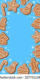 Beautiful winter vertical background with gingerbread and snowflakes. Festive template with Christmas cookies on blue background. Modern hand-drawn vector illustration in flat style.