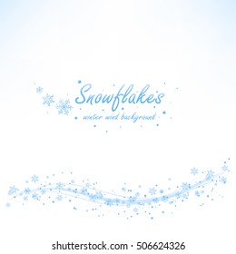 Beautiful winter wind wave with light blue snowflakes on white background. Vector illustration.