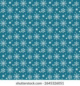 Hermoso patrón de país de las maravillas de invierno. Copos de nieve blancos simples pero elegantes y puntos sobre un fondo verde oscuro. Transmite un sentimiento pacífico y festivo
