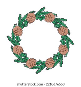 Beautiful winter wreath with fir branches and cones isolated vector. Circular botanical rim made of pine twigs. Festive Christmas decoration for cards and design