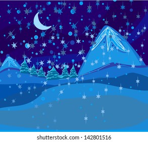 Beautiful wintry landscape with night sky, mountains and light moon