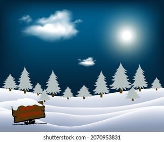 Beautiful wintry landscape with night sky, snow-covered nature and light moon