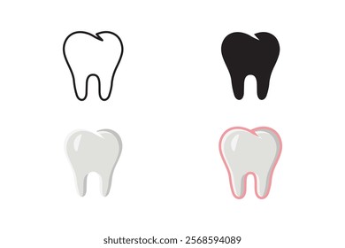 Beautiful wisdom teeth in outline, silhouette, cartoon and sticker styles.