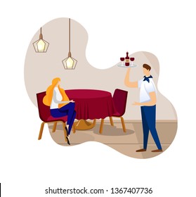 Beautiful Wistful Young Lady Sitting Alone in Restaurant Waiting Order Alcoholic Drink. Waiter in Uniform Bringing Red Wine and Glasses to Customer. Luxury Cafe. Cartoon Flat Vector Illustration. Icon