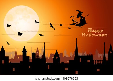 beautiful witch and bats flying over night old town on big orange moon and sky background