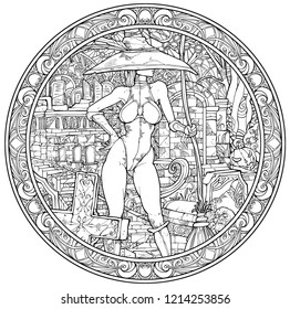 Beautiful witch in a big hat