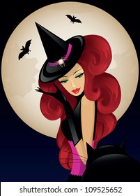 Beautiful Witch  With Black Cat on Celebrating Halloween