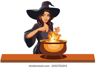 A beautiful witch in a black dress and hat brews a potion in a cauldron.