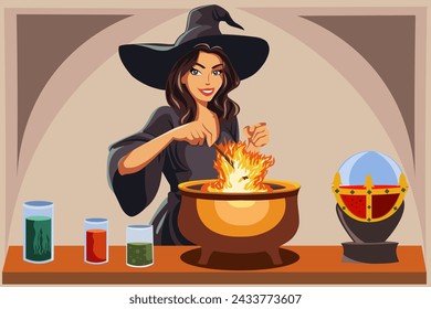 A beautiful witch in a black dress and hat brews a potion in front of a magic ball.