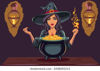 A beautiful witch in a black dress and hat brews a fire potion in a cauldron.