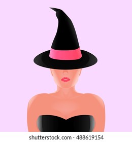 Beautiful witch in black hat with pink ribbon, realistic portrait of a witch, happy Halloween