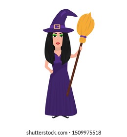 Beautiful witch with a broom for Halloween isolated on white