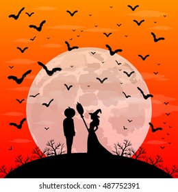 Beautiful witch with a broom and a man with the head of a pumpkin on Halloween sunset patty. night landscape with moon vector illustration