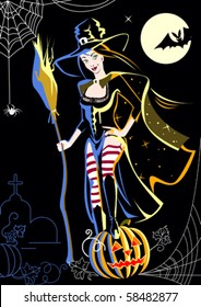 Beautiful witch with a broom and pumpkin.