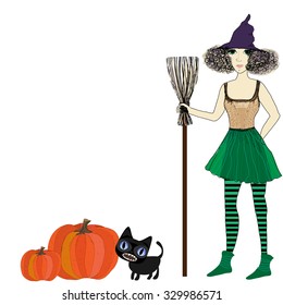 Beautiful witch with broom , pumpkin and black cat. The background to the celebration of Halloween.