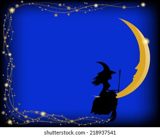 beautiful witch with broom sitting on yellow moon, many stars on blue dark background, greeting card, vector illustration