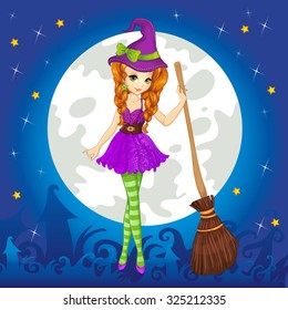 Beautiful witch with a broom standing on Halloween sky background