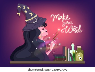 Beautiful witch is casting magic, fantasy Happy Halloween concept, Make your wish messages calligraphy, greeting card, wizard cartoon character flat design vector