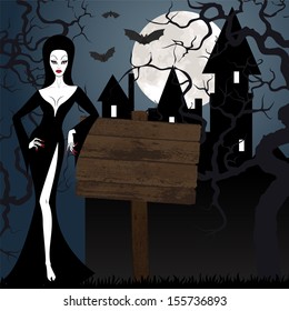 Beautiful witch and castle at night