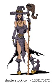 Beautiful witch with a cat