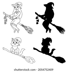 A beautiful witch and a cat are flying on a broomstick. Coloring book page for kids. Cartoon style character. Vector illustration isolated on white background. Halloween theme.