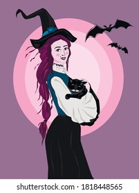 Beautiful witch with a cat in her arms and bats on the background, purple background,
vector illustration.